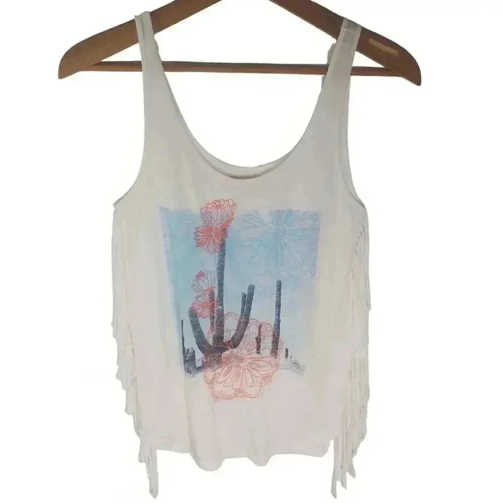 Hollister Off White Cactus Embroidered Fringe Tank Top Western Festival Size S